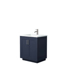 Wyndham Miranda 30" Single Bathroom Vanity In Dark Blue 1.25" Thick Matte White Solid Surface Countertop Integrated Sink Brushed Nickel Trim WCF292930SBNK1INTMXX