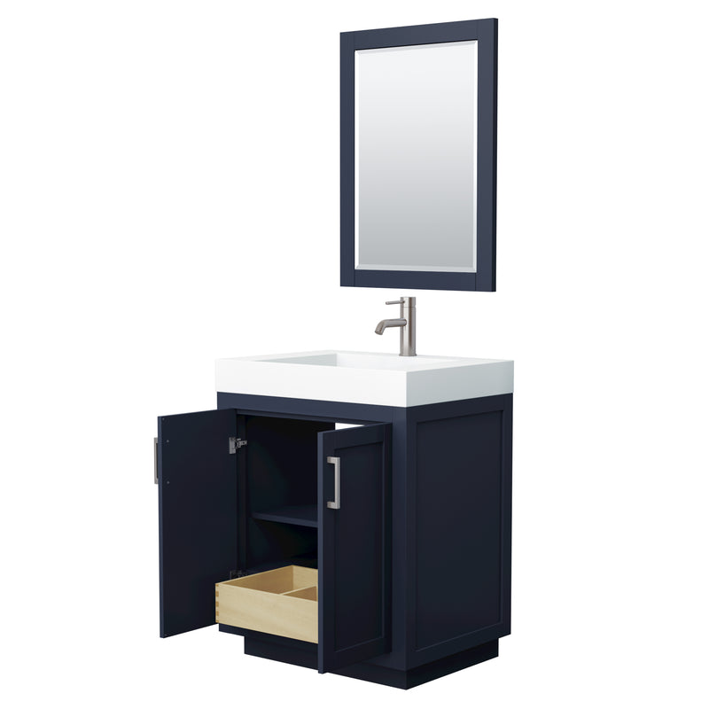 Wyndham Miranda 30" Single Bathroom Vanity In Dark Blue 4" Thick Matte White Solid Surface Countertop Integrated Sink Brushed Nickel Trim 24" Mirror WCF292930SBNK4INTM24