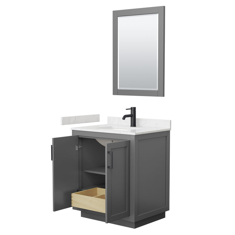 Wyndham Miranda 30" Single Bathroom Vanity In Dark Gray Light-Vein Carrara Cultured Marble Countertop Undermount Square Sink Matte Black Trim 24" Mirror WCF292930SGBC2UNSM24