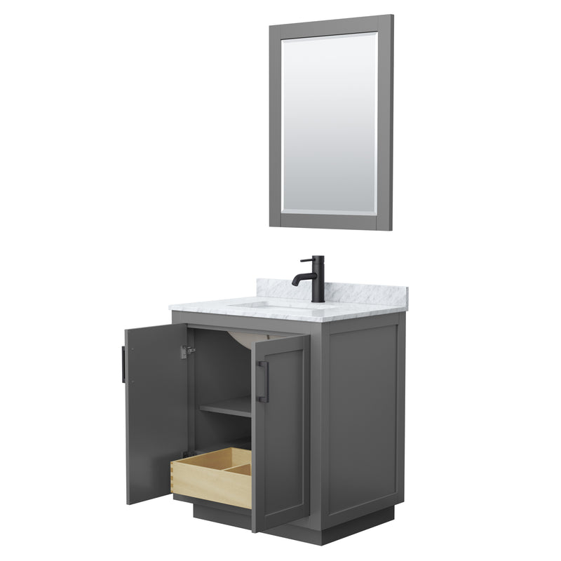 Wyndham Miranda 30" Single Bathroom Vanity In Dark Gray White Carrara Marble Countertop Undermount Square Sink Matte Black Trim 24" Mirror WCF292930SGBCMUNSM24