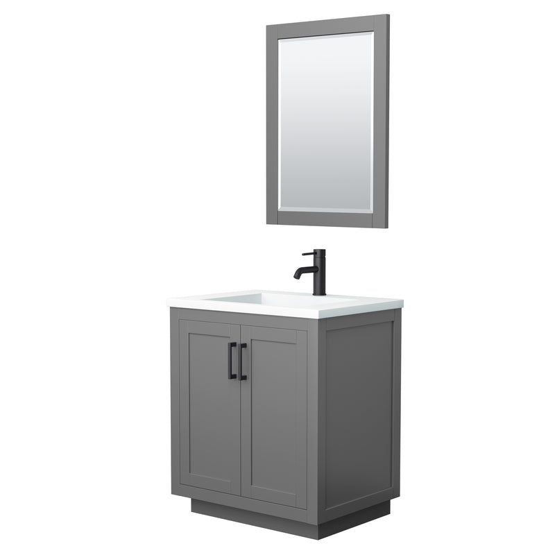 Wyndham Miranda 30" Single Bathroom Vanity In Dark Gray 1.25" Thick Matte White Solid Surface Countertop Integrated Sink Matte Black Trim 24" Mirror WCF292930SGBK1INTM24