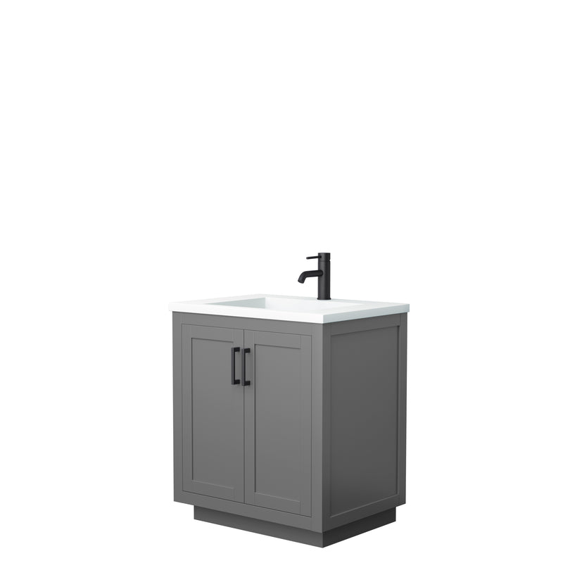 Wyndham Miranda 30" Single Bathroom Vanity In Dark Gray 1.25" Thick Matte White Solid Surface Countertop Integrated Sink Matte Black Trim WCF292930SGBK1INTMXX