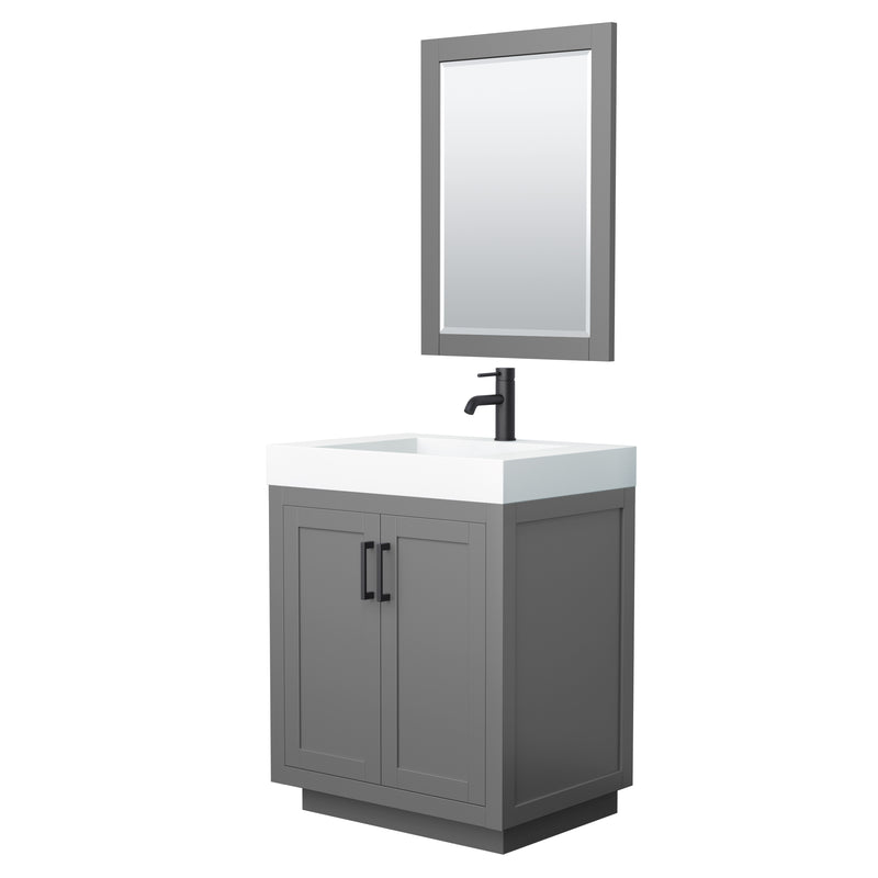 Wyndham Miranda 30" Single Bathroom Vanity In Dark Gray 4" Thick Matte White Solid Surface Countertop Integrated Sink Matte Black Trim 24" Mirror WCF292930SGBK4INTM24