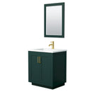 Wyndham Miranda 30" Single Bathroom Vanity In Green 1.25" Thick Matte White Solid Surface Countertop Integrated Sink Brushed Gold Trim 24" Mirror WCF292930SGDK1INTM24