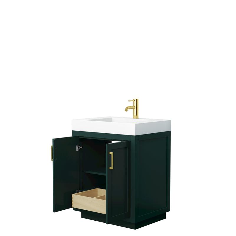 Wyndham Miranda 30" Single Bathroom Vanity In Green 4" Thick Matte White Solid Surface Countertop Integrated Sink Brushed Gold Trim WCF292930SGDK4INTMXX