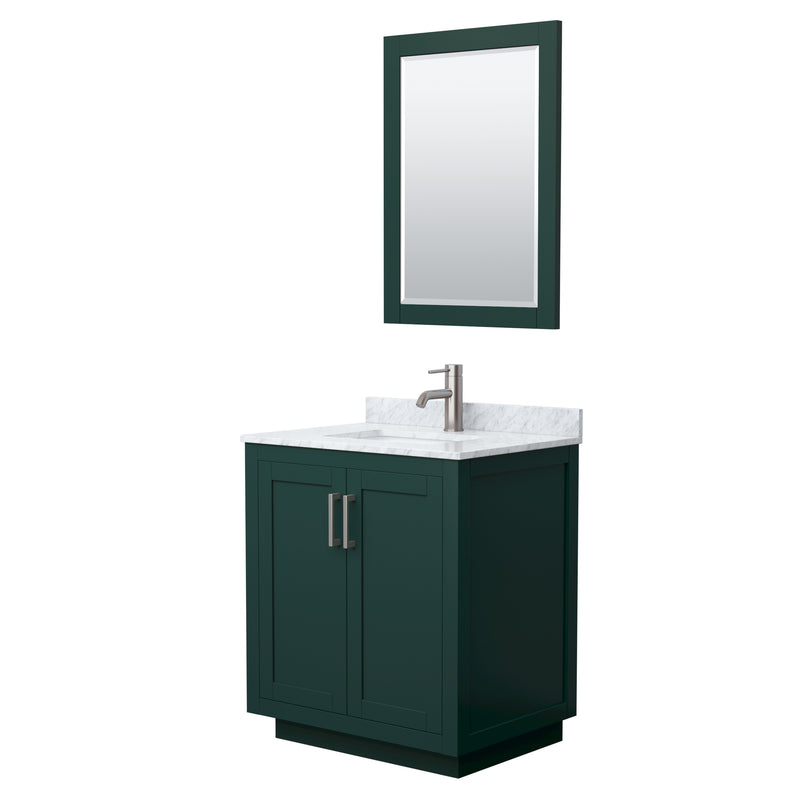 Wyndham Miranda 30" Single Bathroom Vanity In Green White Carrara Marble Countertop Undermount Square Sink Brushed Nickel Trim 24" Mirror WCF292930SGECMUNSM24