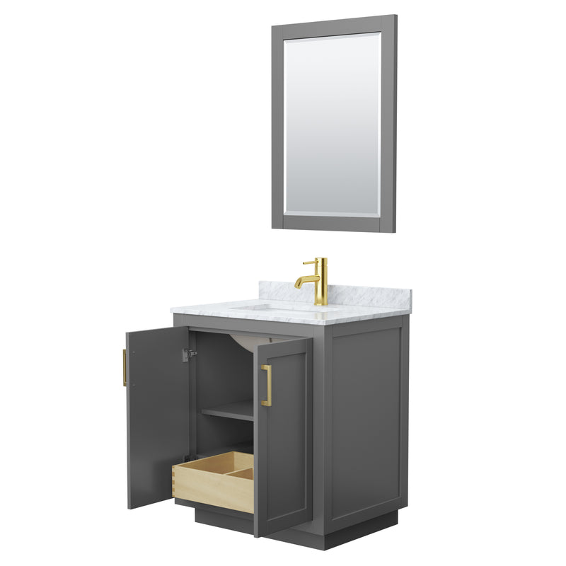 Wyndham Miranda 30" Single Bathroom Vanity In Dark Gray White Carrara Marble Countertop Undermount Square Sink Brushed Gold Trim 24" Mirror WCF292930SGGCMUNSM24