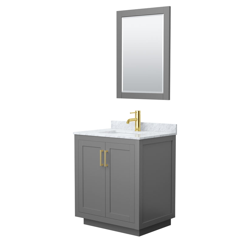 Wyndham Miranda 30" Single Bathroom Vanity In Dark Gray White Carrara Marble Countertop Undermount Square Sink Brushed Gold Trim 24" Mirror WCF292930SGGCMUNSM24