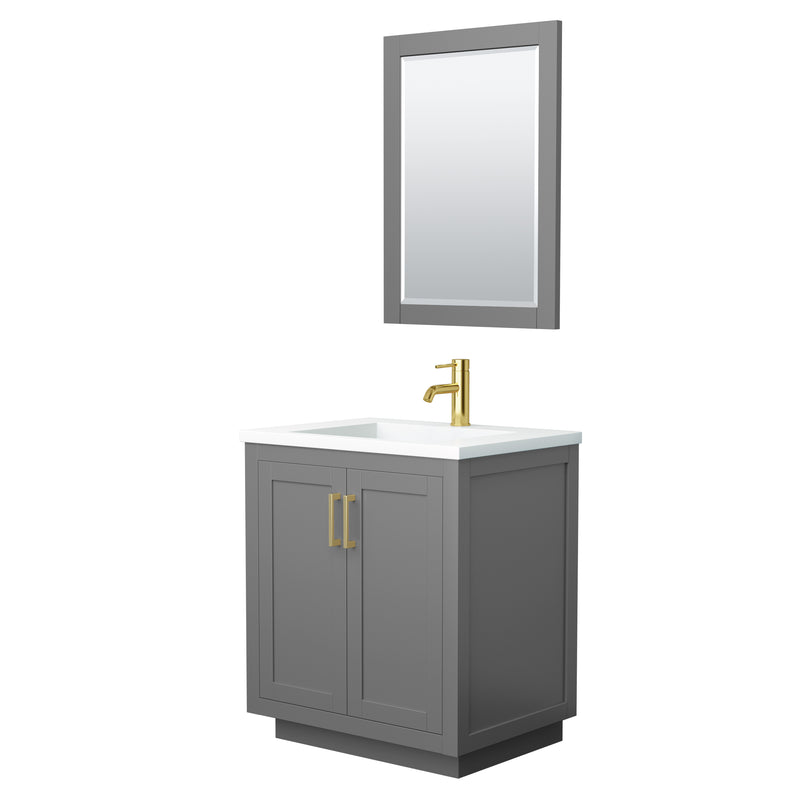 Wyndham Miranda 30" Single Bathroom Vanity In Dark Gray 1.25" Thick Matte White Solid Surface Countertop Integrated Sink Brushed Gold Trim 24" Mirror WCF292930SGGK1INTM24