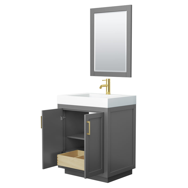 Wyndham Miranda 30" Single Bathroom Vanity In Dark Gray 4" Thick Matte White Solid Surface Countertop Integrated Sink Brushed Gold Trim 24" Mirror WCF292930SGGK4INTM24