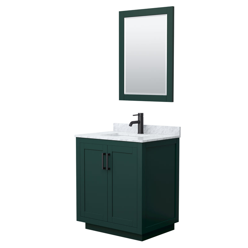 Wyndham Miranda 30" Single Bathroom Vanity In Green White Carrara Marble Countertop Undermount Square Sink Matte Black Trim 24" Mirror WCF292930SGKCMUNSM24