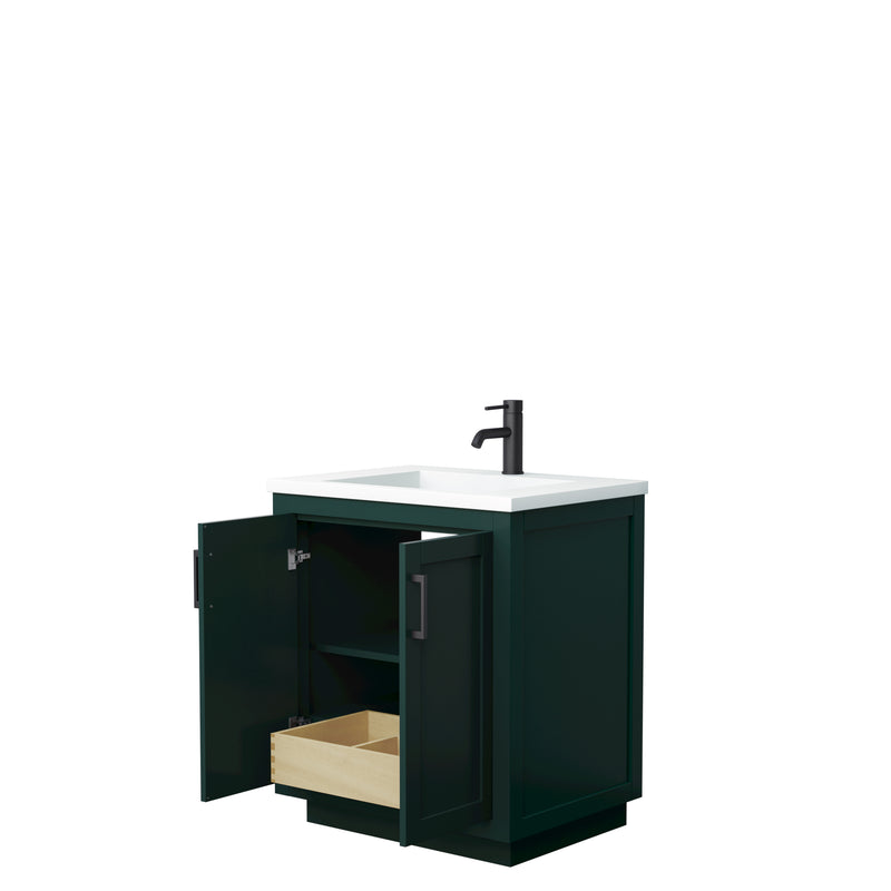 Wyndham Miranda 30" Single Bathroom Vanity In Green 1.25" Thick Matte White Solid Surface Countertop Integrated Sink Matte Black Trim WCF292930SGKK1INTMXX