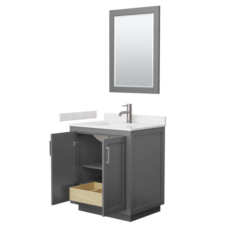 Wyndham Miranda 30" Single Bathroom Vanity In Dark Gray Light-Vein Carrara Cultured Marble Countertop Undermount Square Sink Brushed Nickel Trim 24" Mirror WCF292930SKGC2UNSM24