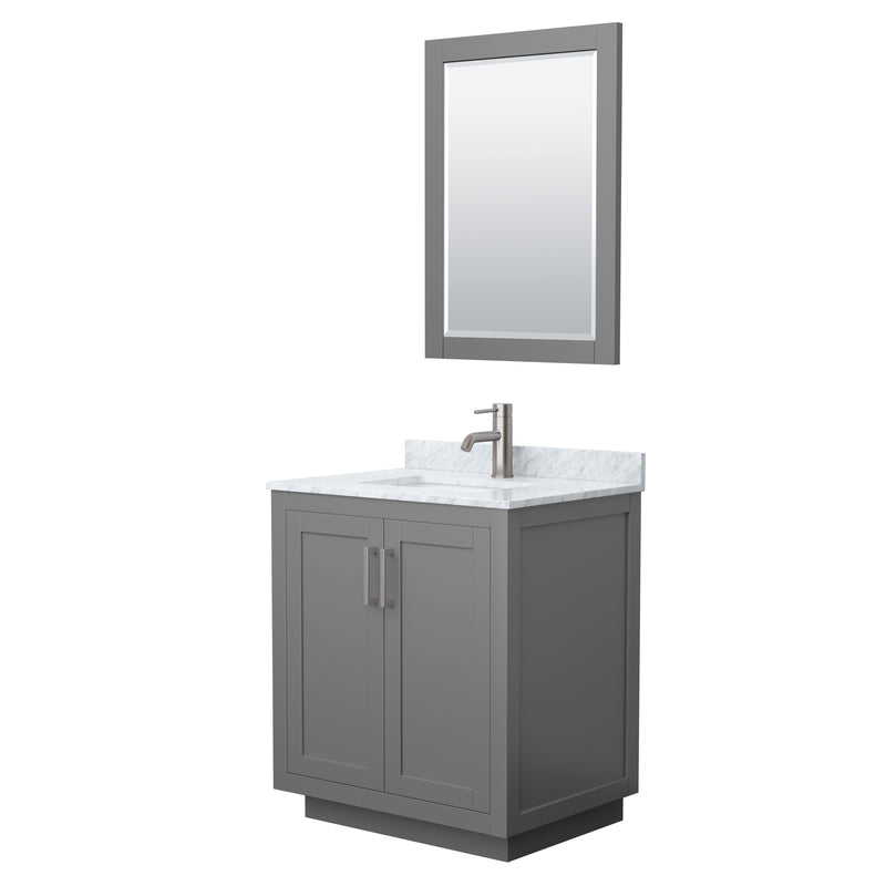 Wyndham Miranda 30" Single Bathroom Vanity In Dark Gray White Carrara Marble Countertop Undermount Square Sink Brushed Nickel Trim 24" Mirror WCF292930SKGCMUNSM24