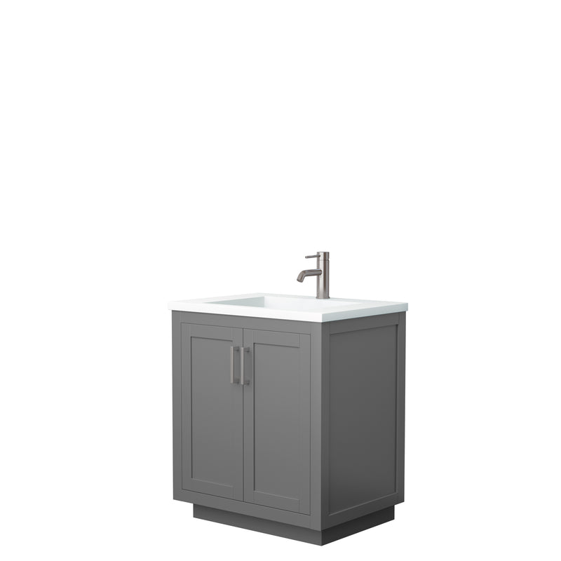 Wyndham Miranda 30" Single Bathroom Vanity In Dark Gray 1.25" Thick Matte White Solid Surface Countertop Integrated Sink Brushed Nickel Trim WCF292930SKGK1INTMXX