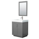 Wyndham Miranda 30" Single Bathroom Vanity In Dark Gray 4" Thick Matte White Solid Surface Countertop Integrated Sink Brushed Nickel Trim 24" Mirror WCF292930SKGK4INTM24