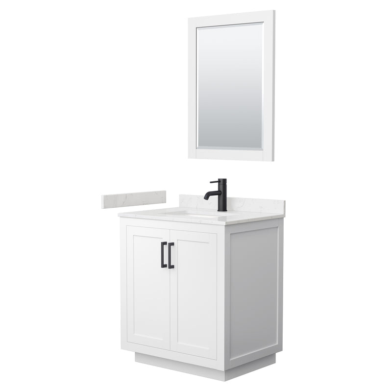 Wyndham Miranda 30" Single Bathroom Vanity In White Light-Vein Carrara Cultured Marble Countertop Undermount Square Sink Matte Black Trim 24" Mirror WCF292930SWBC2UNSM24