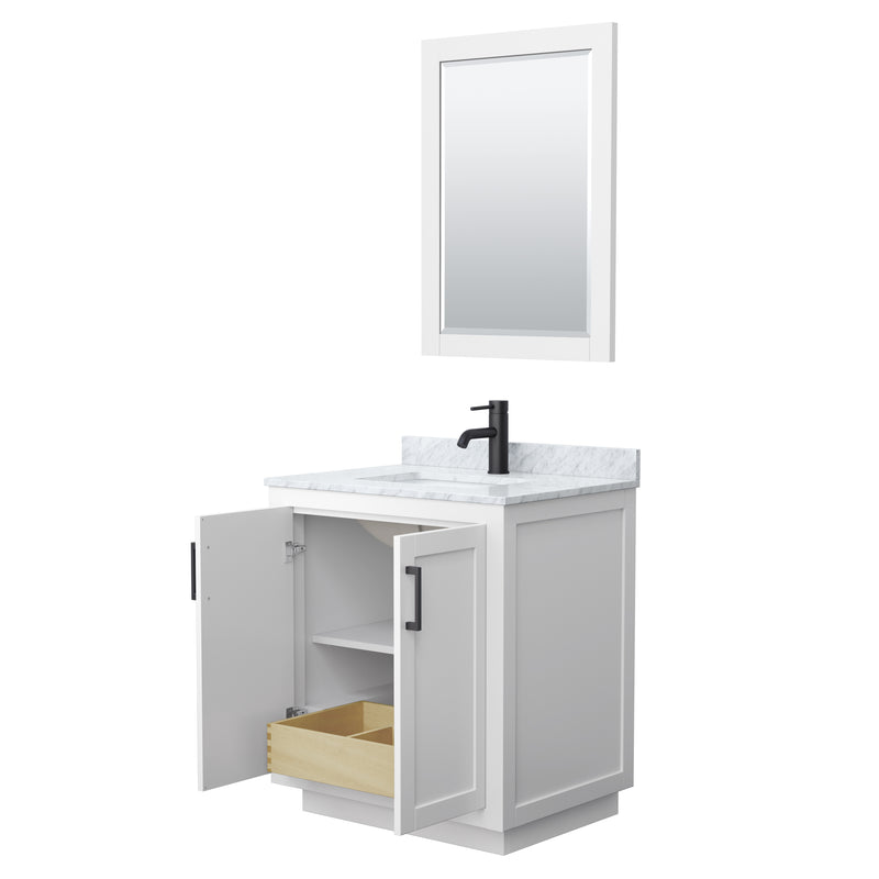 Wyndham Miranda 30" Single Bathroom Vanity In White White Carrara Marble Countertop Undermount Square Sink Matte Black Trim 24" Mirror WCF292930SWBCMUNSM24