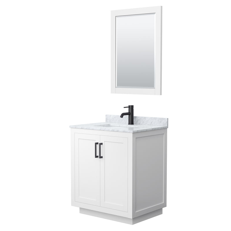 Wyndham Miranda 30" Single Bathroom Vanity In White White Carrara Marble Countertop Undermount Square Sink Matte Black Trim 24" Mirror WCF292930SWBCMUNSM24