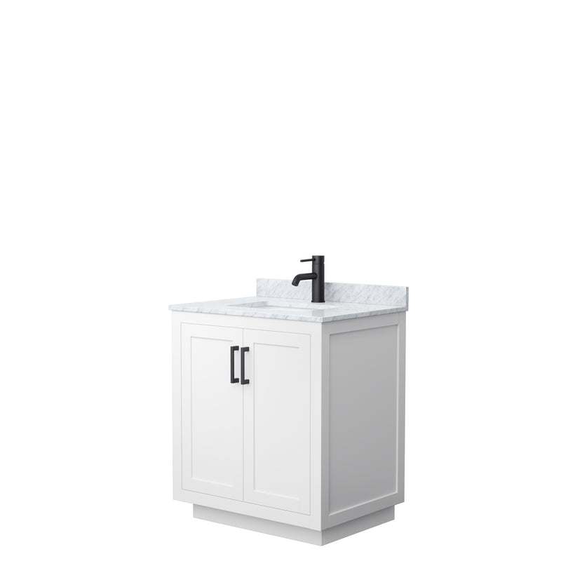 Wyndham Miranda 30" Single Bathroom Vanity In White White Carrara Marble Countertop Undermount Square Sink Matte Black Trim WCF292930SWBCMUNSMXX