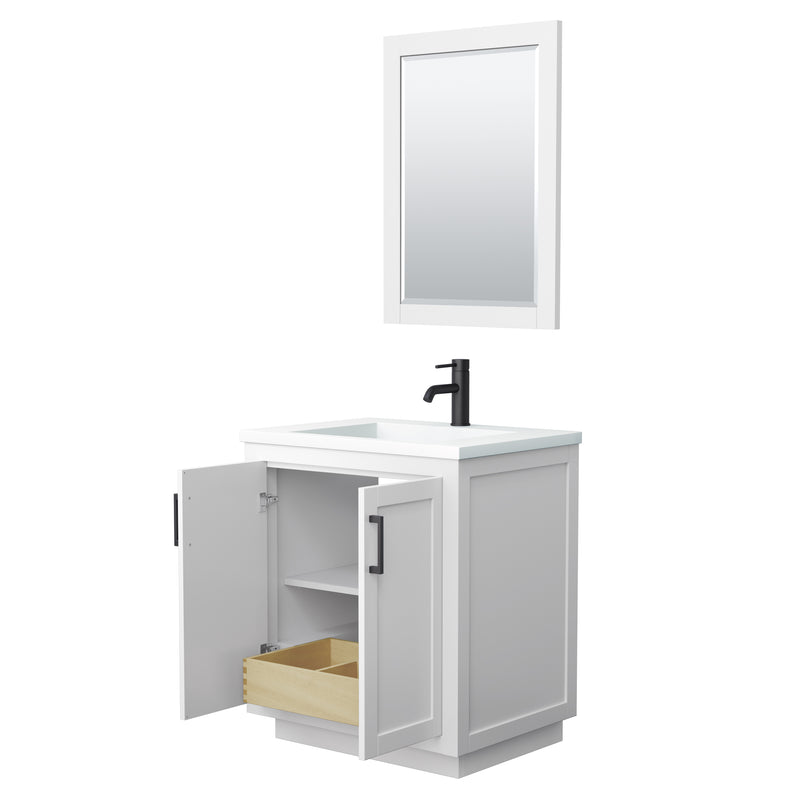 Wyndham Miranda 30" Single Bathroom Vanity In White 1.25" Thick Matte White Solid Surface Countertop Integrated Sink Matte Black Trim 24" Mirror WCF292930SWBK1INTM24