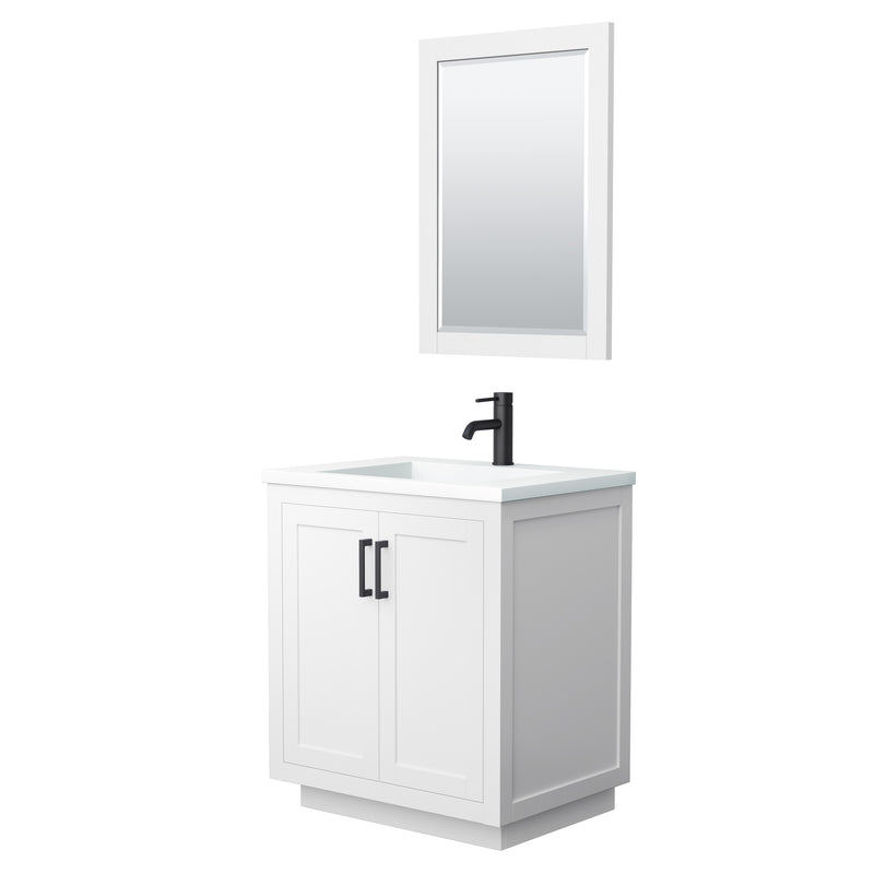 Wyndham Miranda 30" Single Bathroom Vanity In White 1.25" Thick Matte White Solid Surface Countertop Integrated Sink Matte Black Trim 24" Mirror WCF292930SWBK1INTM24