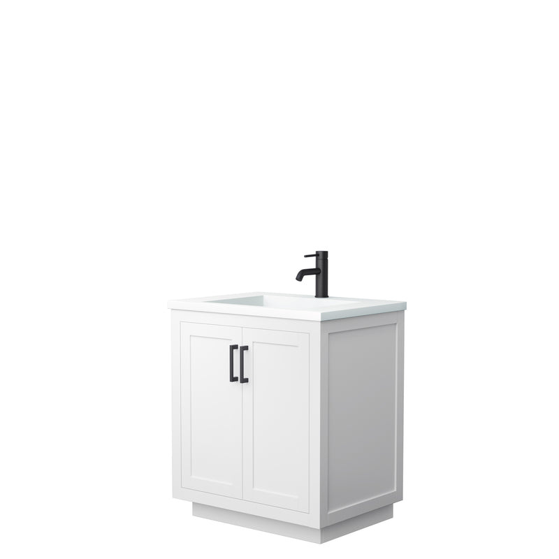 Wyndham Miranda 30" Single Bathroom Vanity In White 1.25" Thick Matte White Solid Surface Countertop Integrated Sink Matte Black Trim WCF292930SWBK1INTMXX