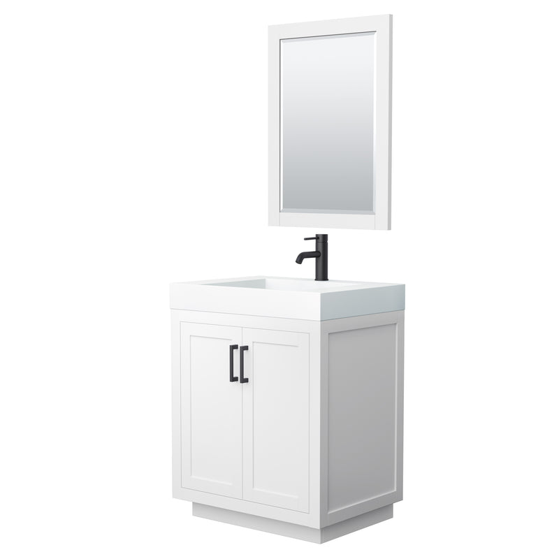 Wyndham Miranda 30" Single Bathroom Vanity In White 4" Thick Matte White Solid Surface Countertop Integrated Sink Matte Black Trim 24" Mirror WCF292930SWBK4INTM24