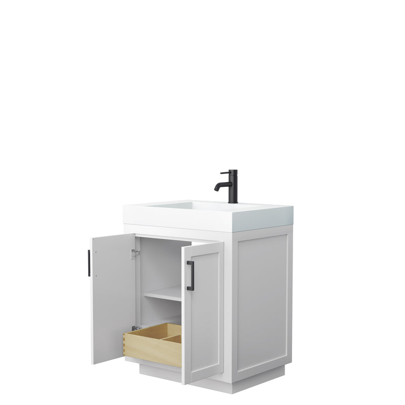 Wyndham Miranda 30" Single Bathroom Vanity In White 4" Thick Matte White Solid Surface Countertop Integrated Sink Matte Black Trim WCF292930SWBK4INTMXX