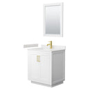 Wyndham Miranda 30" Single Bathroom Vanity In White Light-Vein Carrara Cultured Marble Countertop Undermount Square Sink Brushed Gold Trim 24" Mirror WCF292930SWGC2UNSM24