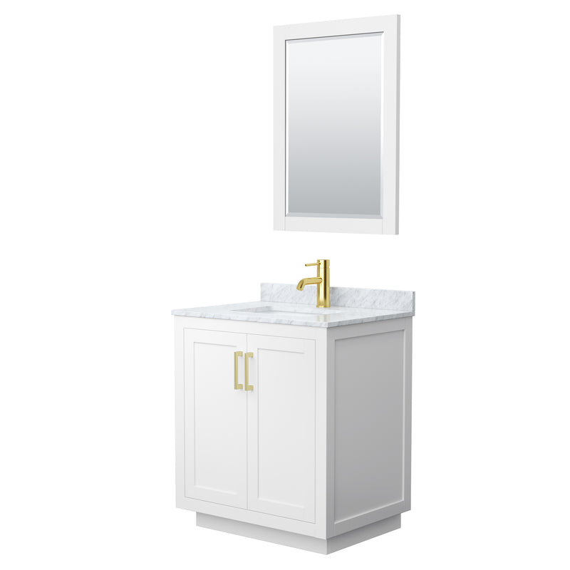 Wyndham Miranda 30" Single Bathroom Vanity In White White Carrara Marble Countertop Undermount Square Sink Brushed Gold Trim 24" Mirror WCF292930SWGCMUNSM24