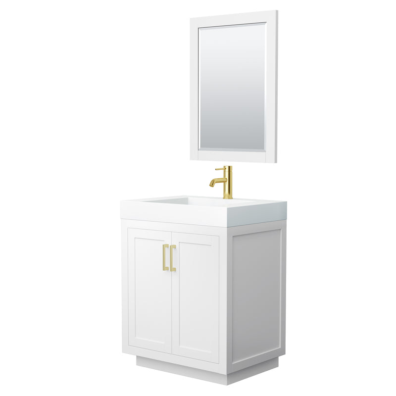 Wyndham Miranda 30" Single Bathroom Vanity In White 4" Thick Matte White Solid Surface Countertop Integrated Sink Brushed Gold Trim 24" Mirror WCF292930SWGK4INTM24