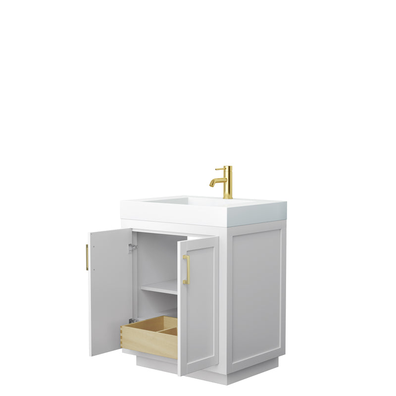 Wyndham Miranda 30" Single Bathroom Vanity In White 4" Thick Matte White Solid Surface Countertop Integrated Sink Brushed Gold Trim WCF292930SWGK4INTMXX