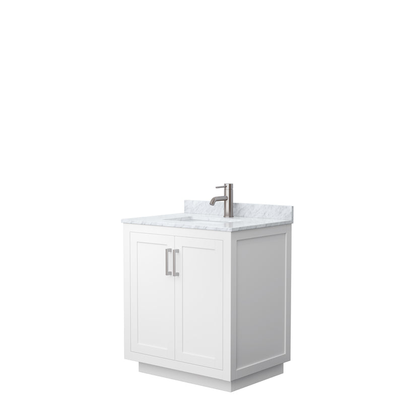 Wyndham Miranda 30" Single Bathroom Vanity In White White Carrara Marble Countertop Undermount Square Sink Brushed Nickel Trim WCF292930SWHCMUNSMXX