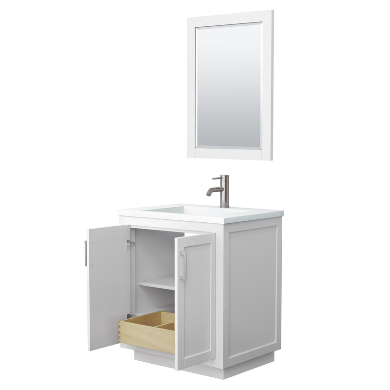 Wyndham Miranda 30" Single Bathroom Vanity In White 1.25" Thick Matte White Solid Surface Countertop Integrated Sink Brushed Nickel Trim 24" Mirror WCF292930SWHK1INTM24