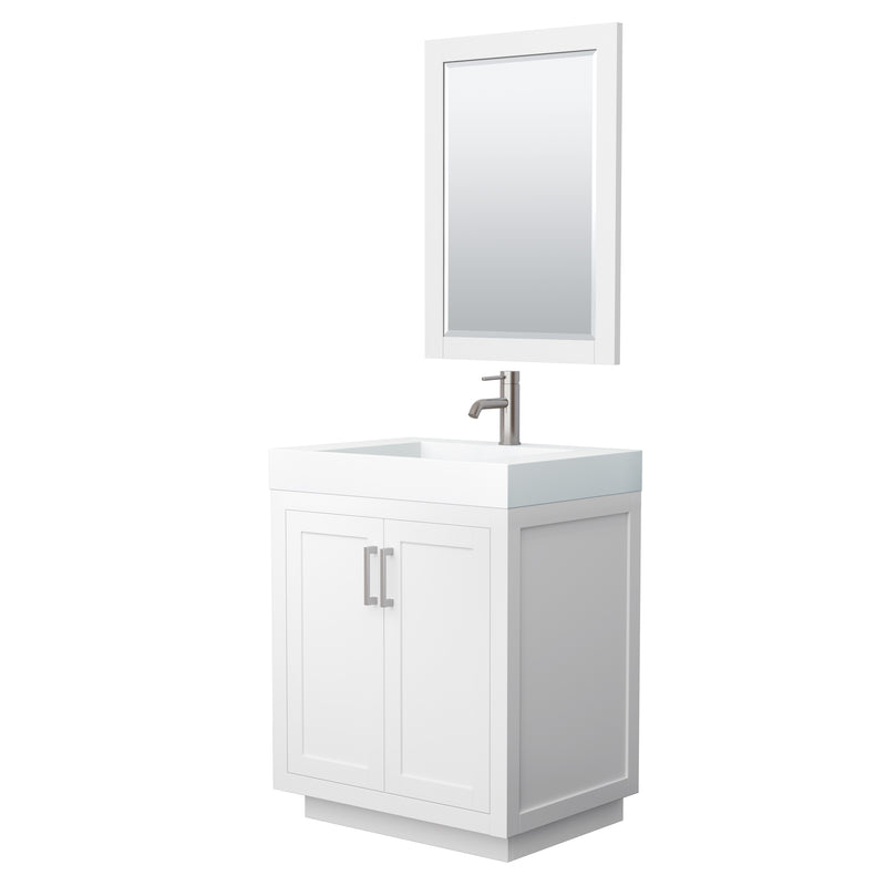 Wyndham Miranda 30" Single Bathroom Vanity In White 4" Thick Matte White Solid Surface Countertop Integrated Sink Brushed Nickel Trim 24" Mirror WCF292930SWHK4INTM24