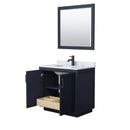 Wyndham Miranda 36" Single Bathroom Vanity In Dark Blue White Carrara Marble Countertop Undermount Square Sink Black Trims and 34" Mirror WCF292936SBBCMUNSM34