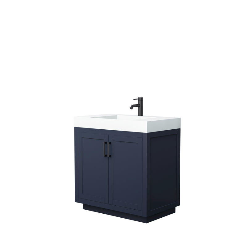 Wyndham Miranda 36" Single Bathroom Vanity In Dark Blue Matte White Solid Surface In 4" Thickness Integrated Sink Black Trims And No Mirror WCF292936SBBK4INTMXX