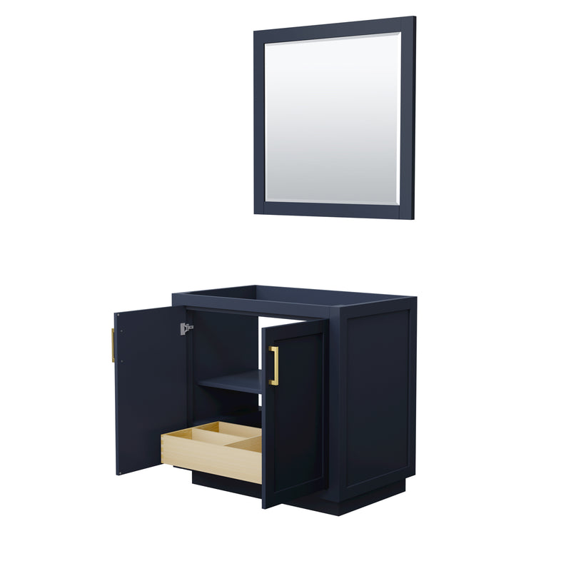 Wyndham Miranda 36" Single Bathroom Vanity In Dark Blue No Countertop No Sink Brushed Gold Trims and 34" Mirror WCF292936SBLCXSXXM34