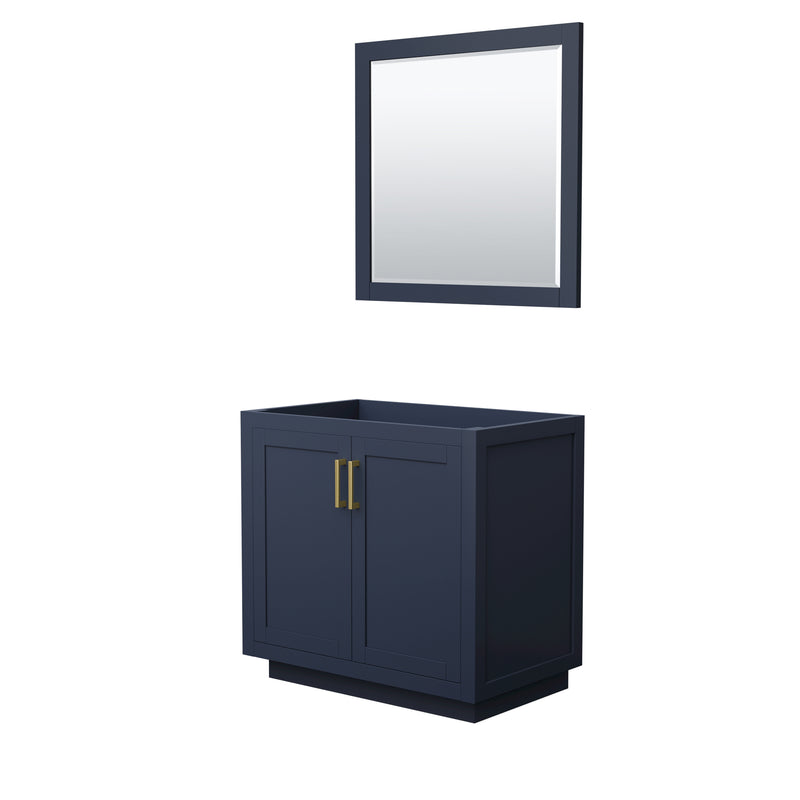 Wyndham Miranda 36" Single Bathroom Vanity In Dark Blue No Countertop No Sink Brushed Gold Trims And 34" Mirror WCF292936SBLCXSXXM34