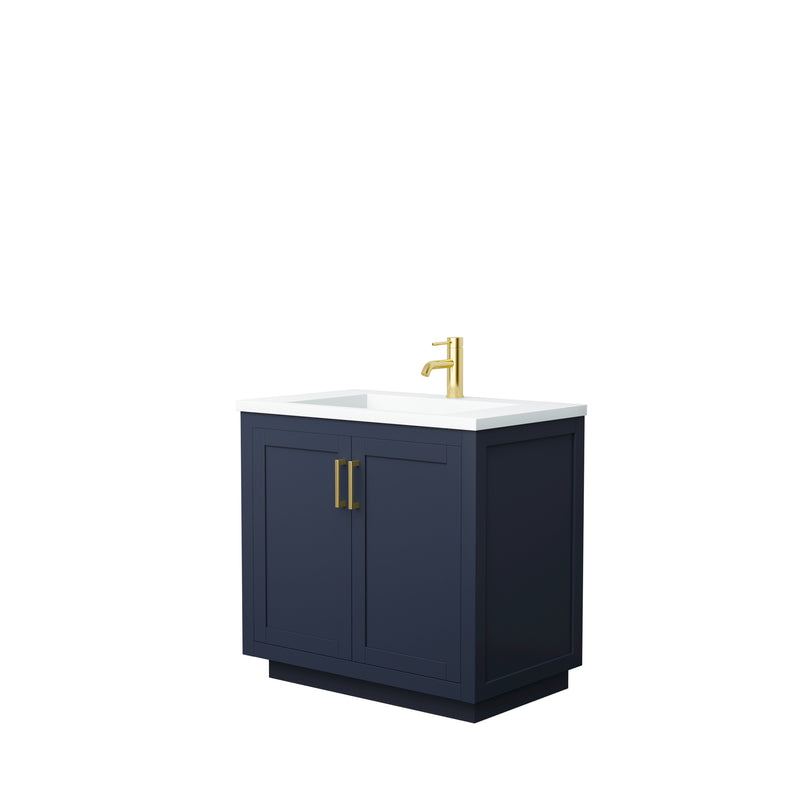 Wyndham Miranda 36" Single Bathroom Vanity In Dark Blue Matte White Solid Surface In 1.25" Thickness Integrated Sink Brushed Gold Trims And No Mirror WCF292936SBLK1INTMXX