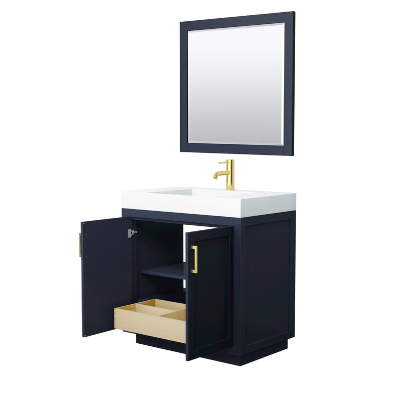 Wyndham Miranda 36" Single Bathroom Vanity In Dark Blue Matte White Solid Surface In 4" Thickness Integrated Sink Brushed Gold Trims and 34" Mirror WCF292936SBLK4INTM34