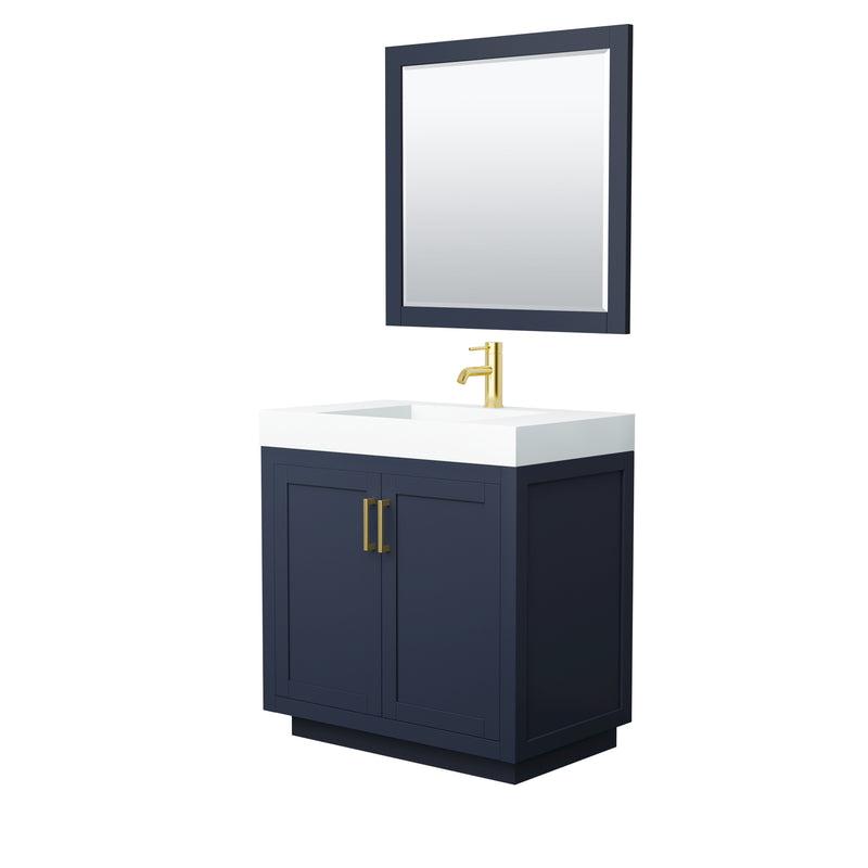 Wyndham Miranda 36" Single Bathroom Vanity In Dark Blue Matte White Solid Surface In 4" Thickness Integrated Sink Brushed Gold Trims And 34" Mirror WCF292936SBLK4INTM34