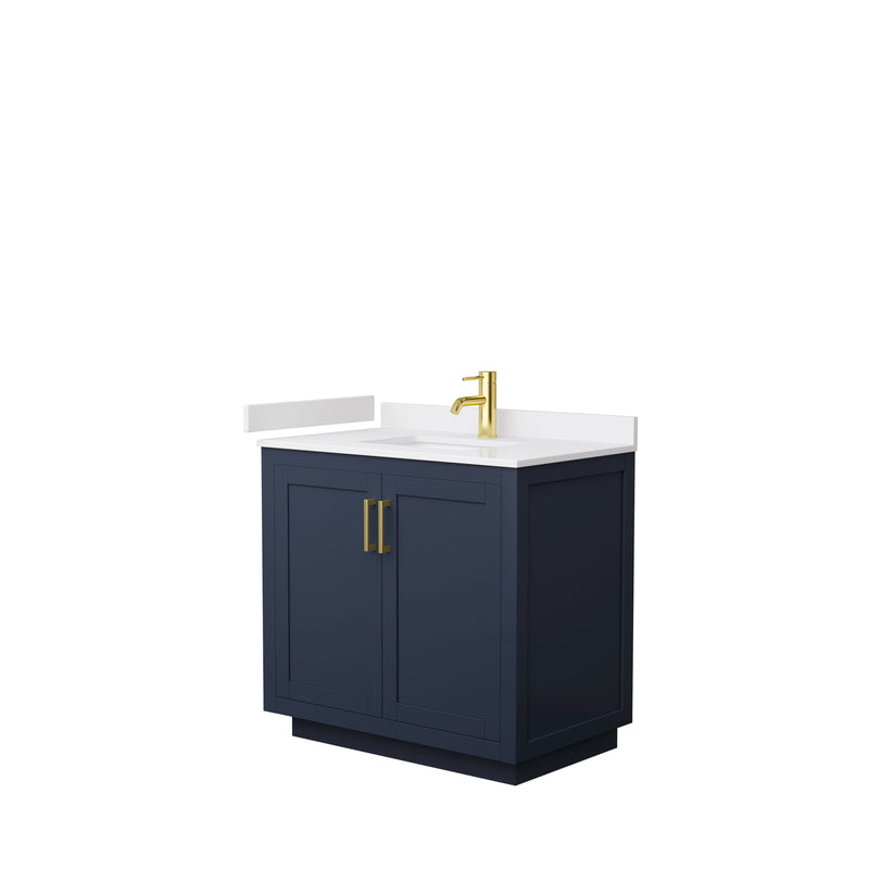 Wyndham Miranda 36" Single Bathroom Vanity In Dark Blue White Cultured Marble Countertop Undermount Square Sink Brushed Gold Trims And No Mirror WCF292936SBLWCUNSMXX