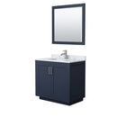 Wyndham Miranda 36" Single Bathroom Vanity In Dark Blue White Carrara Marble Countertop Undermount Square Sink Brushed Nickel Trims And 34" Mirror WCF292936SBNCMUNSM34