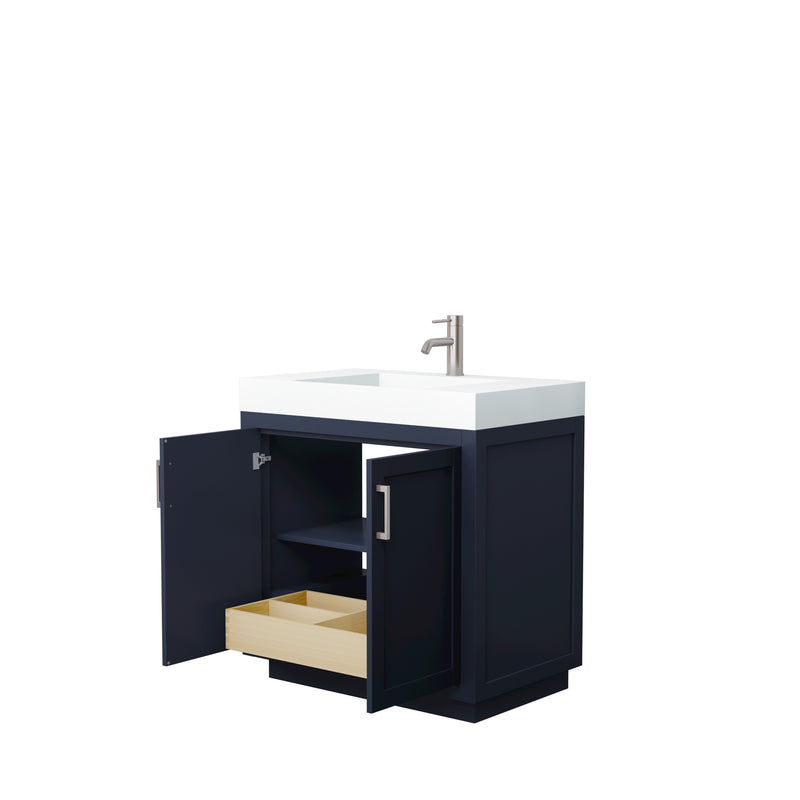 Wyndham Miranda 36" Single Bathroom Vanity In Dark Blue Matte White Solid Surface In 4" Thickness Integrated Sink Brushed Nickel Trims and No Mirror WCF292936SBNK4INTMXX