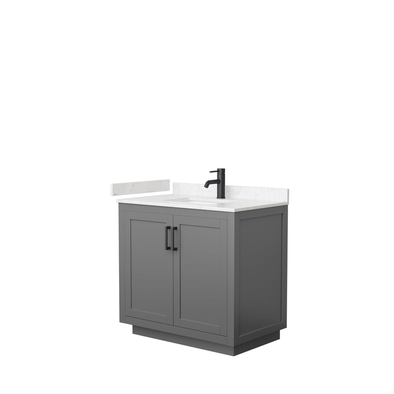 Wyndham Miranda 36" Single Bathroom Vanity In Dark Gray Light-Vein Carrara Cultured Marble Countertop Undermount Square Sink Black Trims And No Mirror WCF292936SGBC2UNSMXX