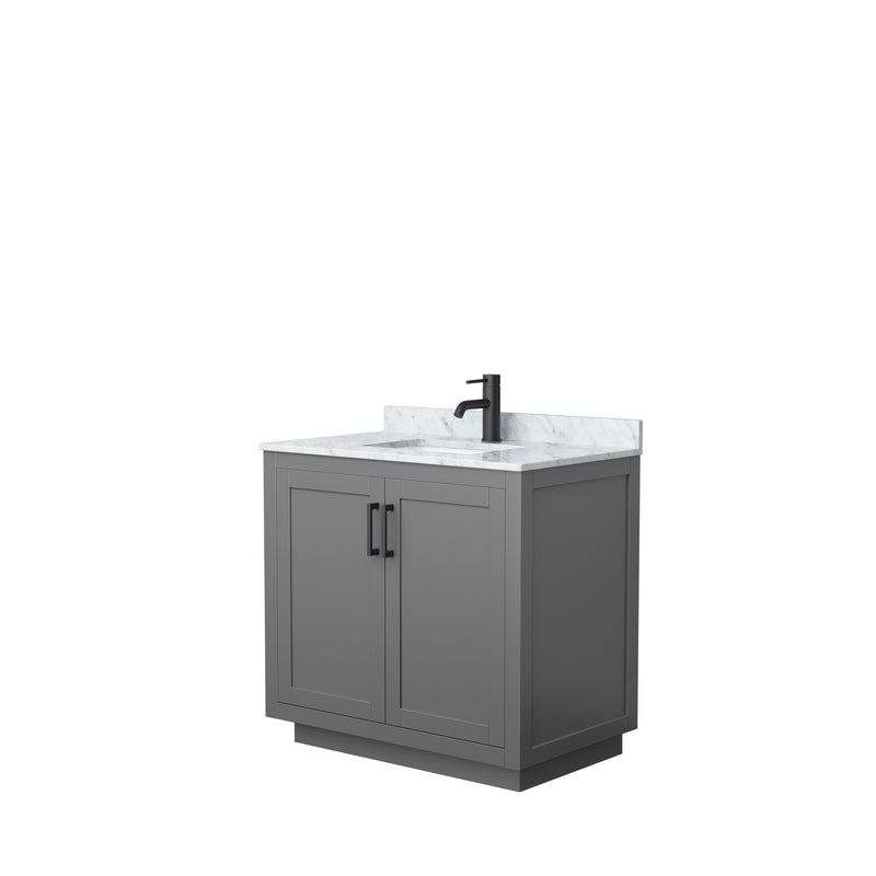 Wyndham Miranda 36" Single Bathroom Vanity In Dark Gray White Carrara Marble Countertop Undermount Square Sink Black Trims And No Mirror WCF292936SGBCMUNSMXX