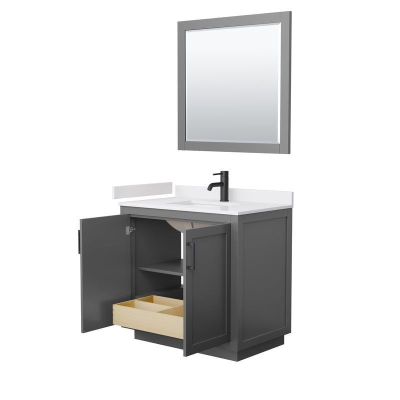 Wyndham Miranda 36" Single Bathroom Vanity In Dark Gray White Cultured Marble Countertop Undermount Square Sink Black Trims and 34" Mirror WCF292936SGBWCUNSM34