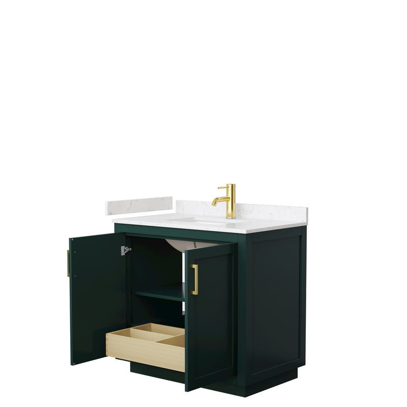 Wyndham Miranda 36" Single Bathroom Vanity In Green Light-Vein Carrara Cultured Marble Countertop Undermount Square Sink Brushed Gold Trim WCF292936SGDC2UNSMXX